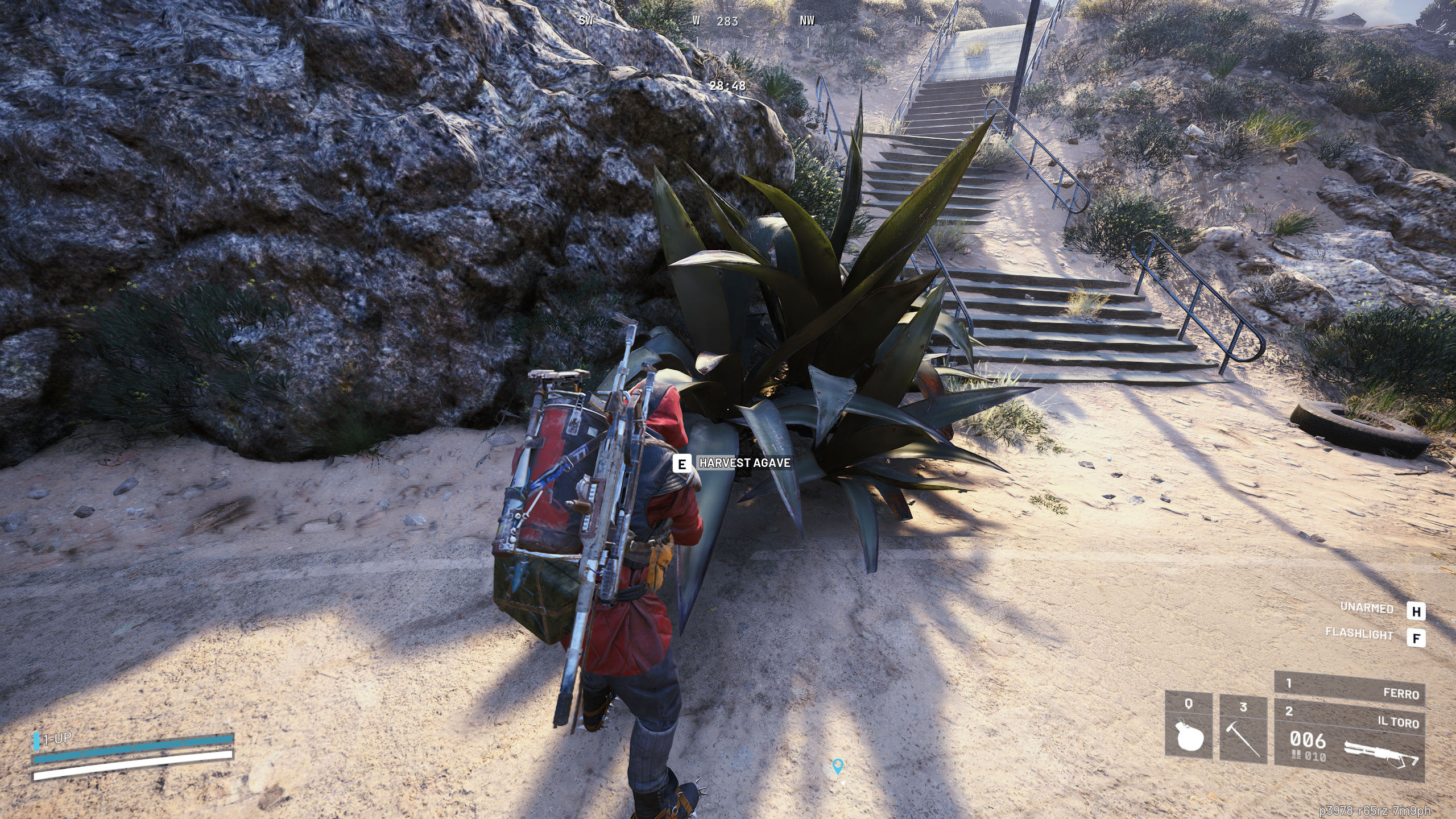 Arc Raiders Agave: A player harvesting an Agave bush by a sandy path.