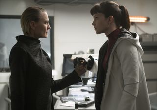 Robin Wright as Lt. Joshi and Sylvia Hoeks as Luv in "Blade Runner 2049."