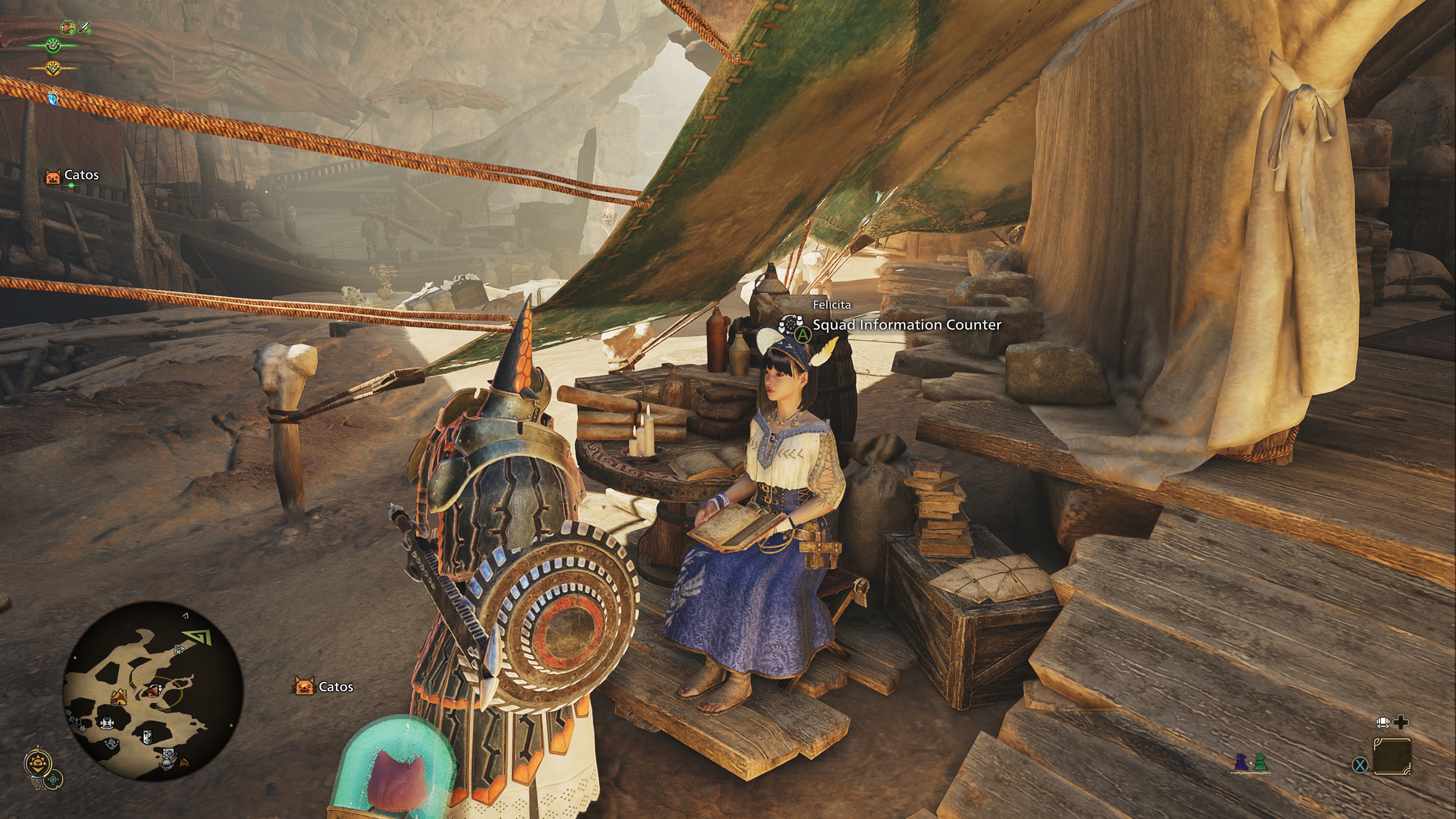 In-game screenshot of the player talking to Felicita in Monster Hunter Wilds