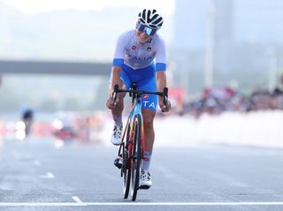 OYAMA JAPAN JULY 25 Elisa Longo Borghini of Team Italy celebrates winning the bronze medal on arrival on day two of the Tokyo 2020 Olympic Games at Fuji International Speedway on July 25 2021 in Oyama Shizuoka Japan Photo by Michael SteeleGetty Images