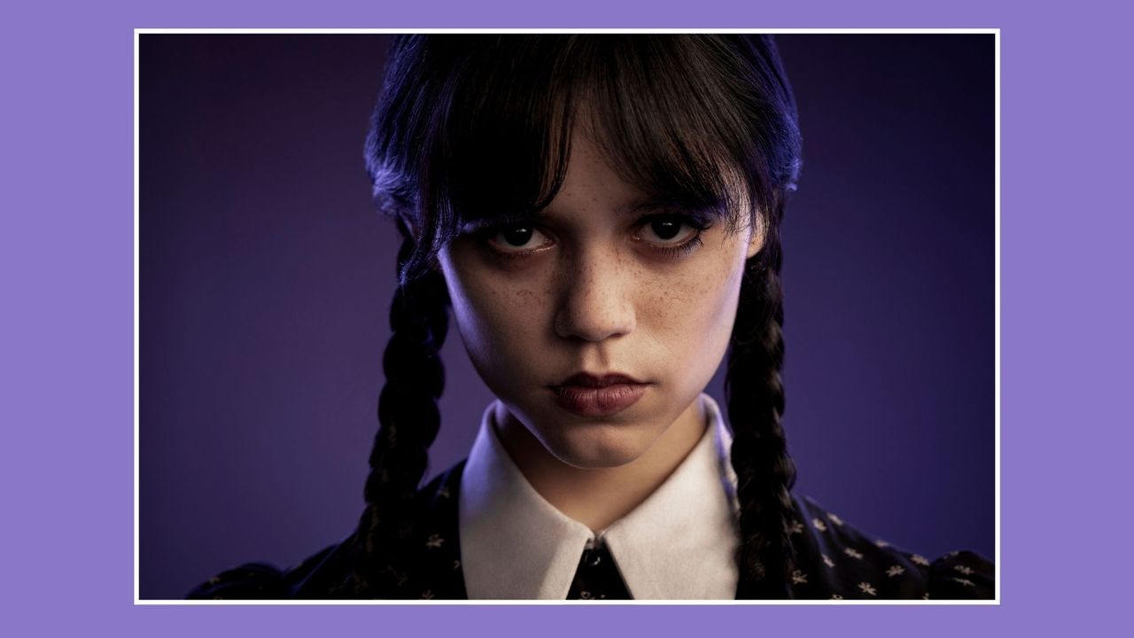 jenna ortega as wednesday addams, netflix&#039;s tim burton take on the classic. wednesday addams headshot on a purple background