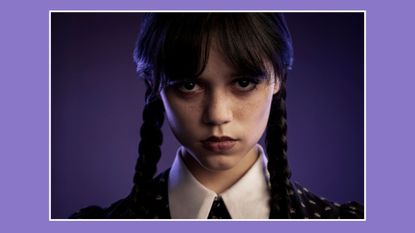 jenna ortega as wednesday addams, netflix's tim burton take on the classic. wednesday addams headshot on a purple background