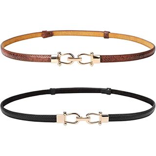 Jasgood Leather Skinny Women Belt Thin Waist Belts for Dresses Up to 37 Inches With Golden Buckle 2 Pack (01-Black+brown, Waist Size Below 43 Inches)