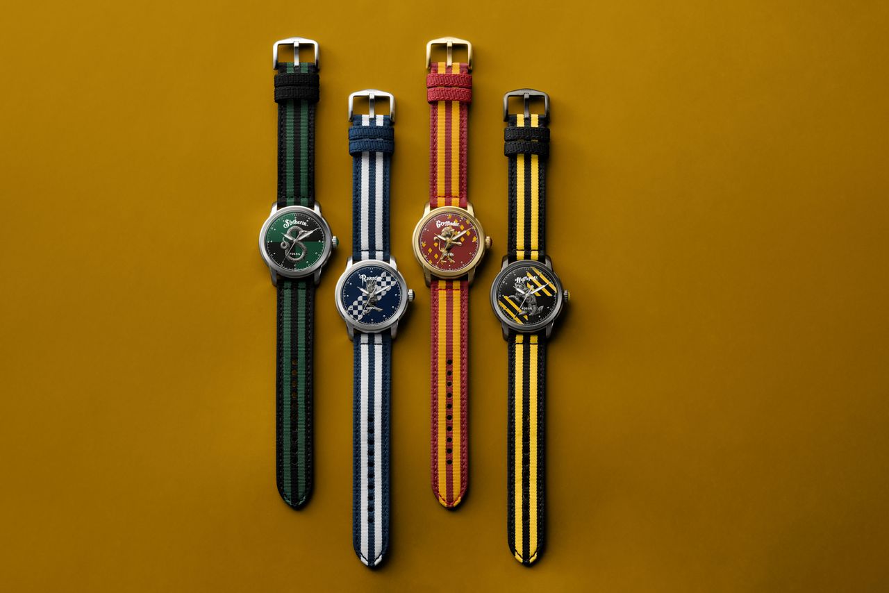 The Harry Potter x Fossil Nylon watch collection, on a yellow background