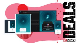 Surfshark VPN running on multiple devices, in front of a custom PC Gamer Deals background.