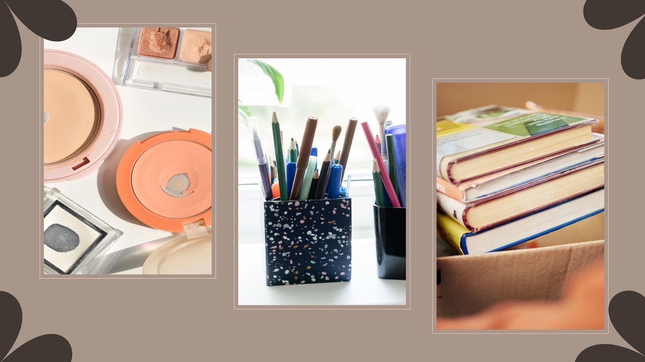 Comp image of three things to declutter from your home - old makeup, broken pens and books