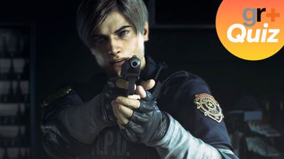 Leon Kennedy holding a gun in Resident Evil 2 Remake with the GamesRadar+ Quiz badge in the corner
