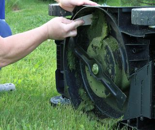 Close up of scraping grass off the underside of a lawn mower