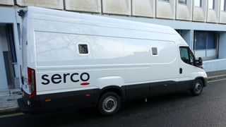 Serco logo pictured on a prisoner transport vehicle.