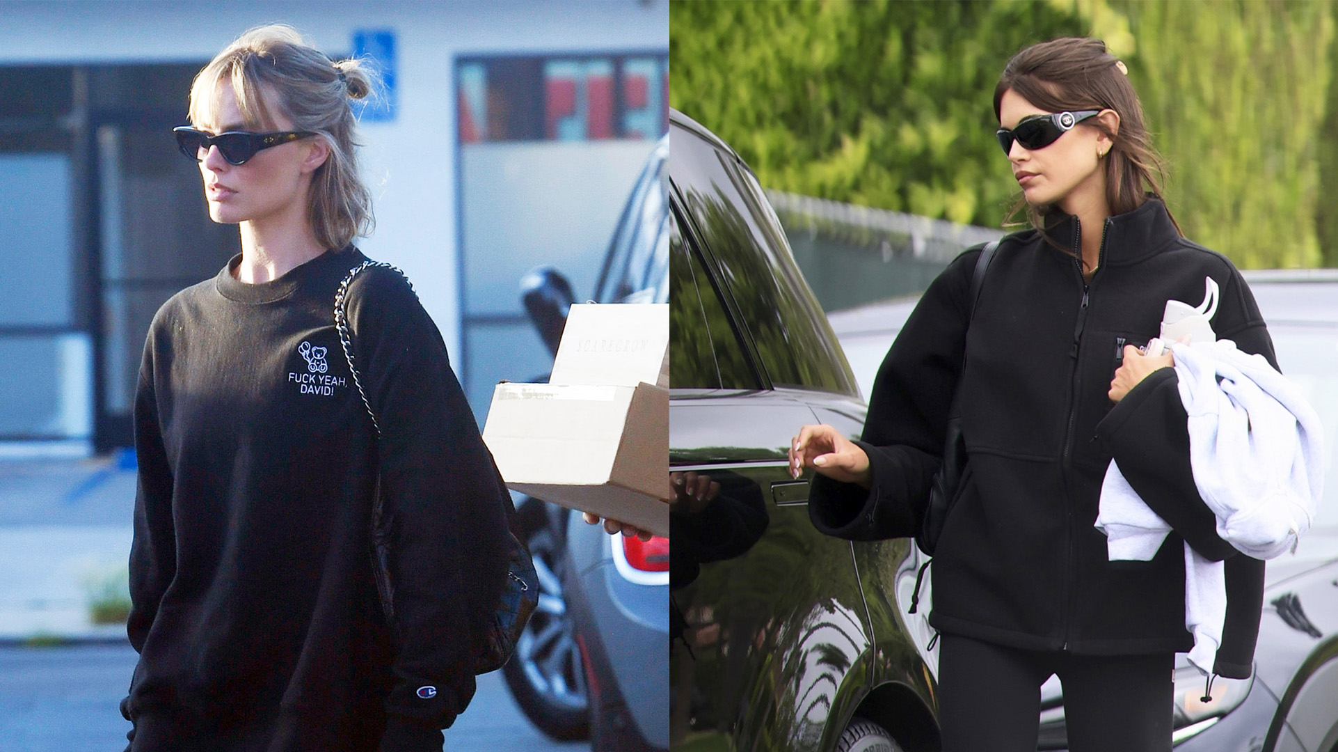 Margot Robbie and Kaia Gerber wearing sweatshirts, leggings, crew socks, and chunky sneakers