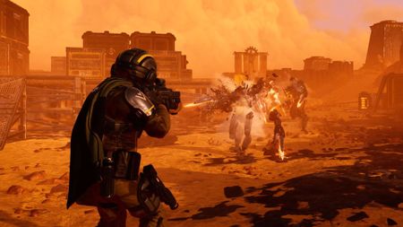 Helldivers 2 Ironclad Democracy Warbond helldiver firing arbitrator shotgun mode at approaching automatons