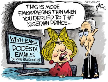 Political cartoon U.S. Hillary Clinton election emails Wikileaks