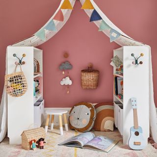 Childrens room with toys on display and stored on shelves and boxes