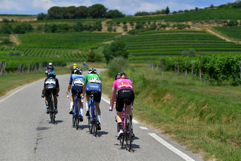 CORMONS ITALY JULY 11 Anna Van Der Breggen of Netherlands and Team SD Worx Pink Leader Jersey Elisabeth DeignanArmitstead of United Kingdom and Team Trek Segafredo Coryn Rivera of United States and Team DSM Elise Chabbey of Switzerland and Canyon SRAM Racing Team Lucinda Brand of Netherlands and Team Trek Segafredo Green Mountain Jersey in breakaway during the 32nd Giro dItalia Internazionale Femminile 2021 Stage 10 a 113km stage from Capriva del Friuli to Cormons GiroDonne UCIWWT on July 11 2021 in Cormons Italy Photo by Luc ClaessenGetty Images