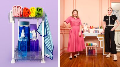 Clea Shearer and Joanna Teplin posing next to The Home Edit Walmart cleaning collection in a pink room next to the cleaning supplies on a purple background