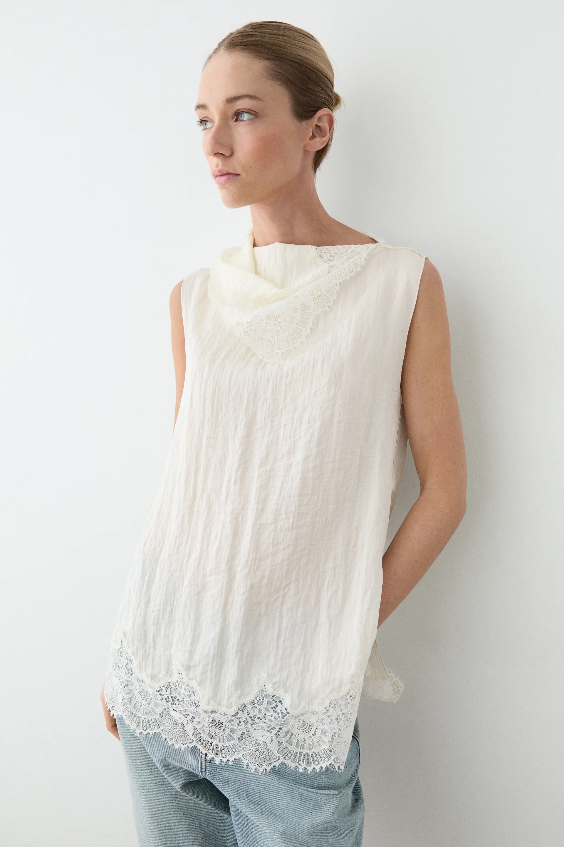 Massimo Dutti, Asymmetric Roll Neck Top With Lace Detail