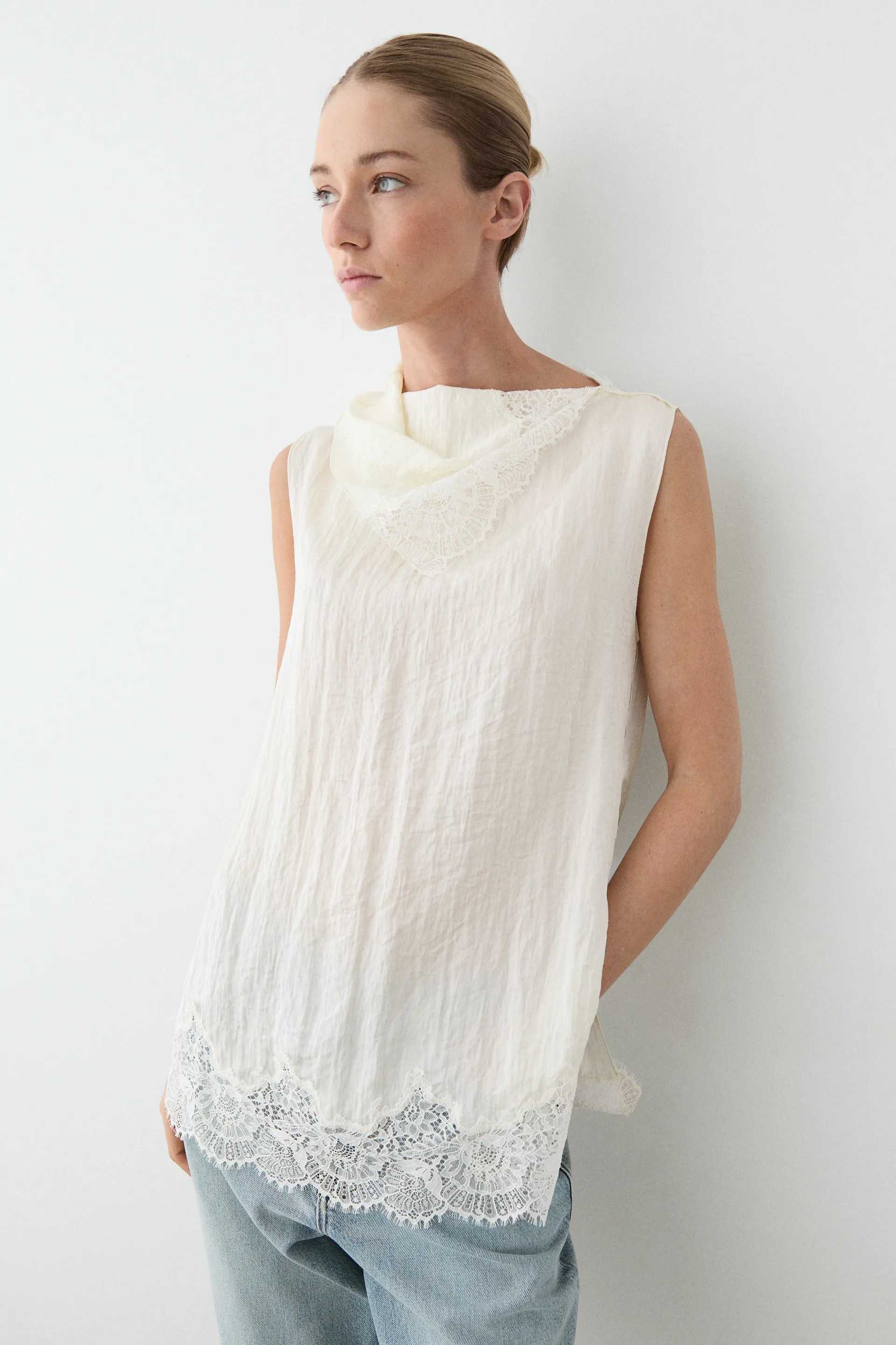 Massimo Dutti, Asymmetrical Roll Neck Top with Lace Detail