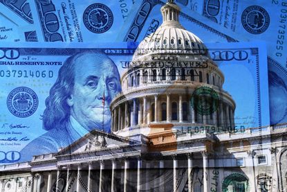 A collage of money and a Federal building in the background. 