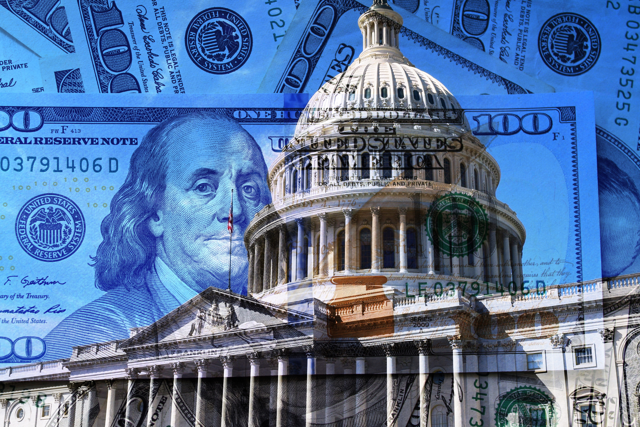 A collage of money and a Federal building in the background. 