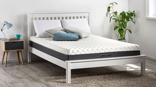 Levitex Gravity Defying Mattress review image shows the bed on a white wooden bed frame