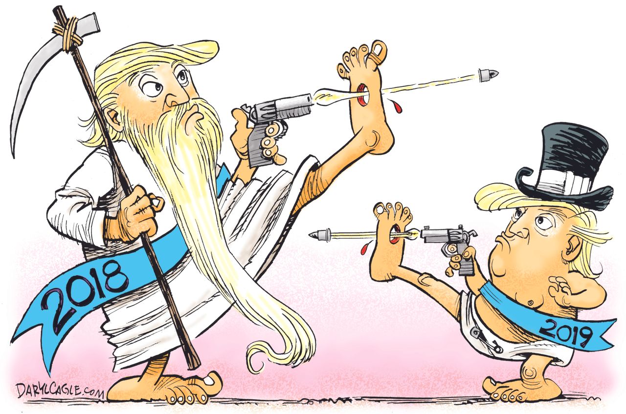 Political cartoon U.S. 2019 Trump shot in the foot new year