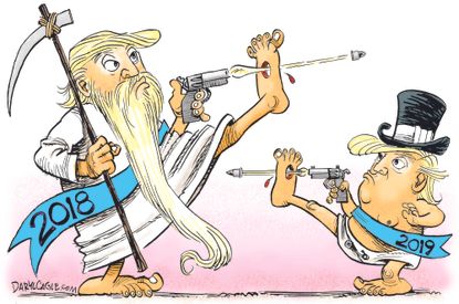 Political cartoon U.S. 2019 Trump shot in the foot new year