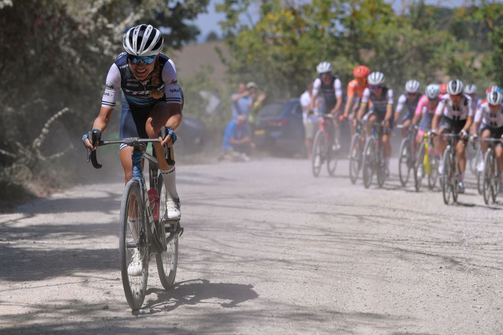 SIENA ITALY AUGUST 01 Tayler Wiles of The United States and Team TrekSegafredo Women Dust Peloton during the Eroica 6th Strade Bianche 2020 Women Elite a 136km race from Siena to Siena Piazza del Campo StradeBianche on August 01 2020 in Siena Italy Photo by Luc ClaessenGetty Images