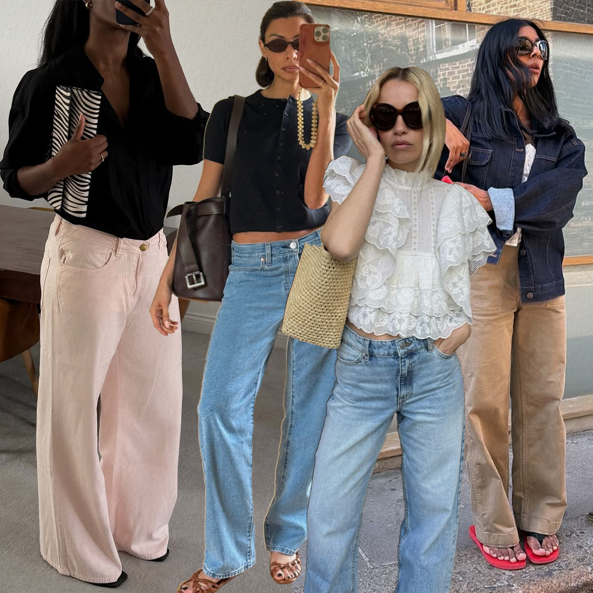 a collage of influencer outfit images featuring the top summer denim trends of 2026