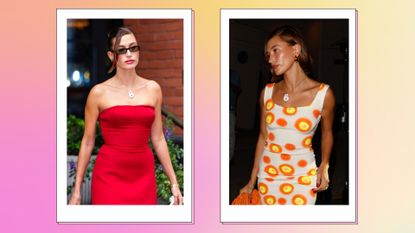 Hailey Bieber wearing a &#039;B&#039; bubble initial necklace - in one picture she wears a red dress, in the other a white dress with orange and yellow dots/ in a pink and yellow gradient templatet