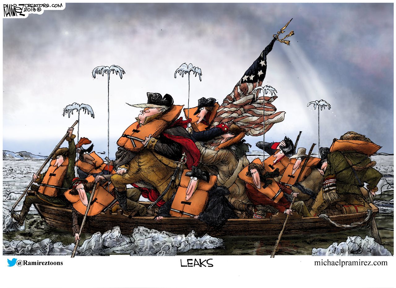 Political cartoon U.S. White House leaks Trump Washington Crossing the Delaware