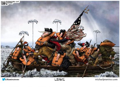 Political cartoon U.S. White House leaks Trump Washington Crossing the Delaware