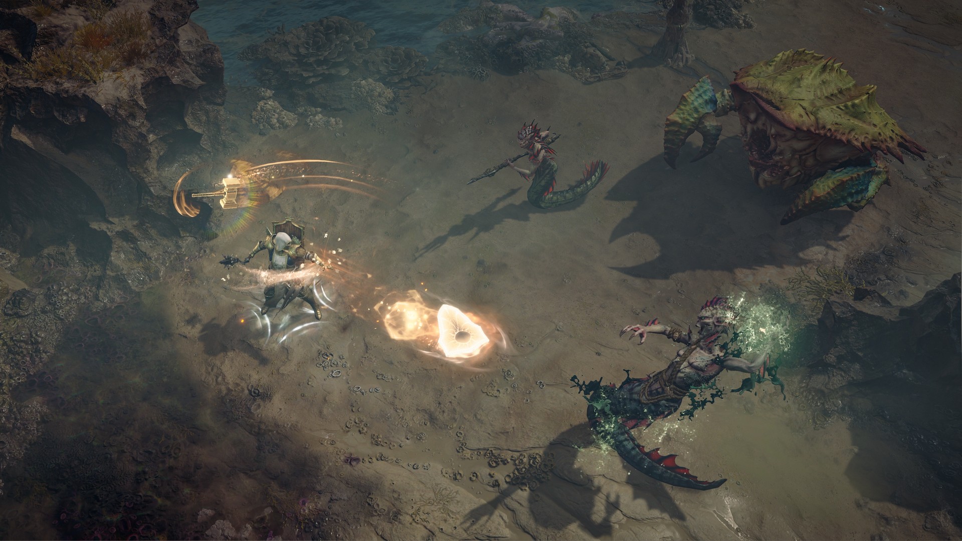 A Paladin player throws a sword and a hammer at enemies, including snake-like foes and a giant crab, in Diablo 4: Lord of Hatred