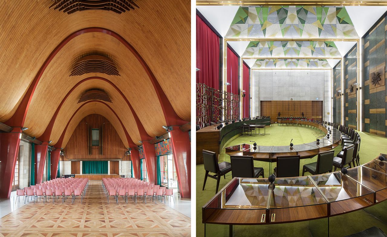 The main congress hall in Halles aux Toiles features a vaulted timber ceiling.