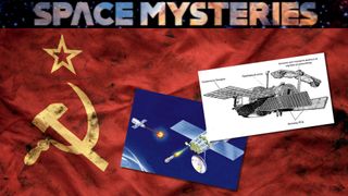 an image of the flag of the USSR with illustrations of space stations overlaid on top of it