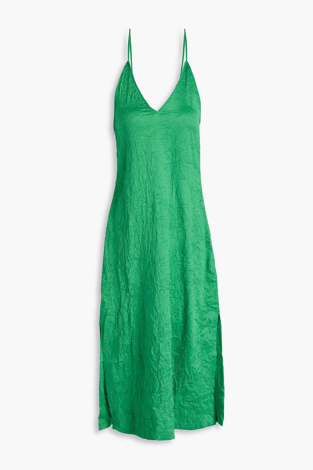 Crinkled-Satin Spaghetti-Strap Midi Dress in green