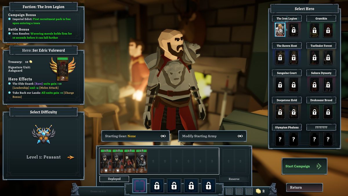 Various screenshots of the Tabletop Tavern demo, displaying mechanics and choices made in the roguelike RTS.
