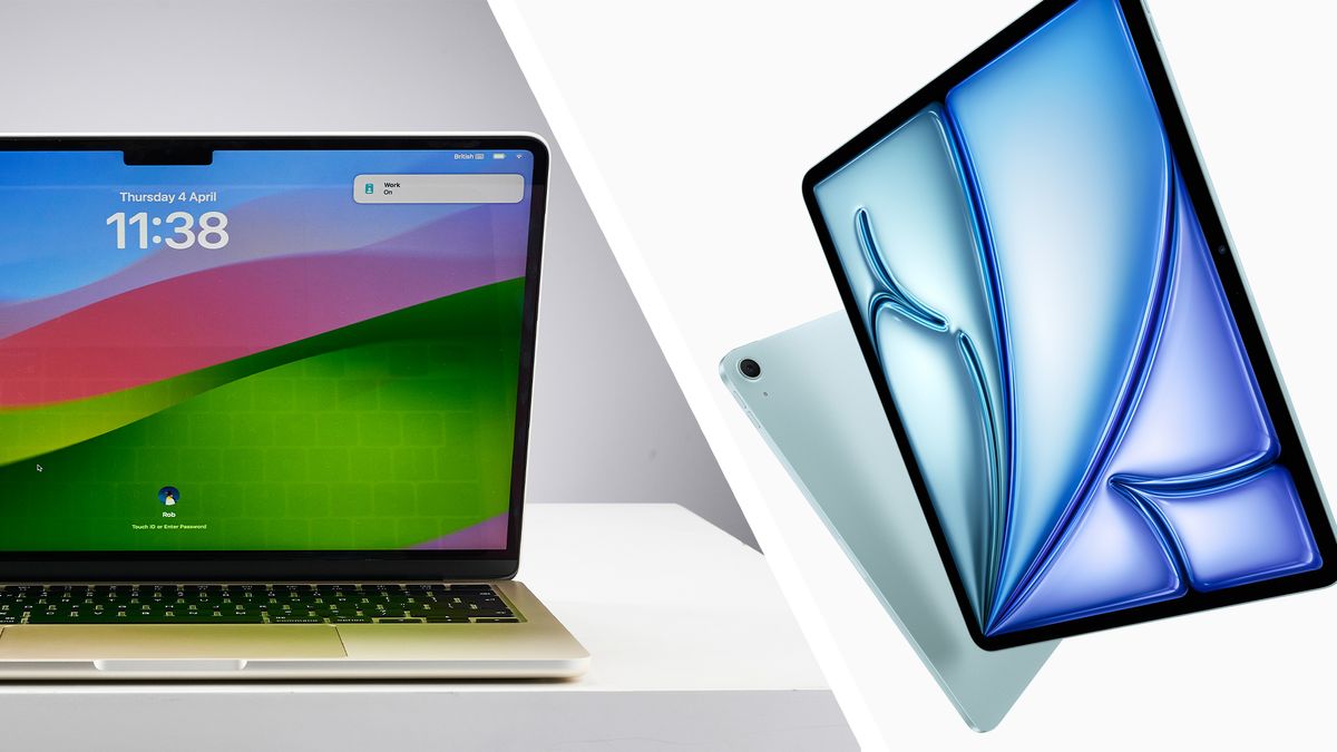 A MacBook Air on the left, showing the macOS lock screen, and the iPad Air in two sizes on the left, showing an abstract wallpaper