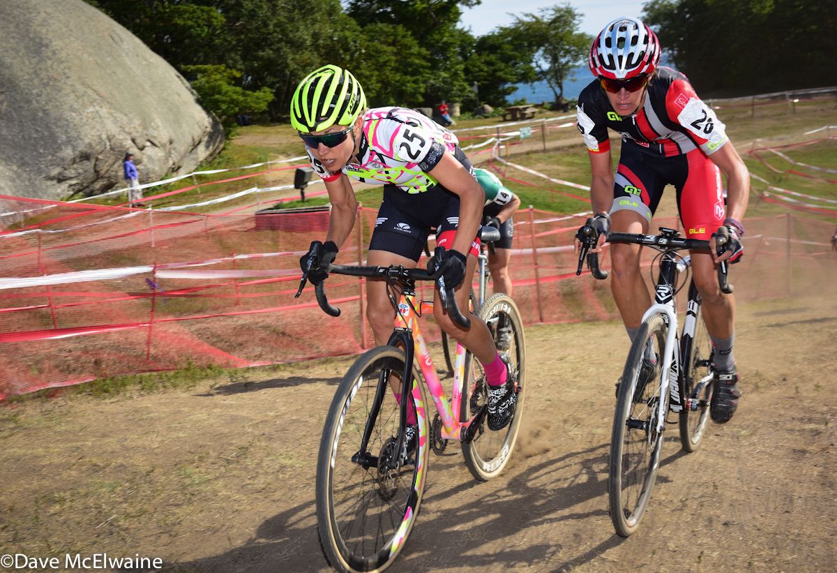 Emily Kachorek (Squid Bikes) leads Ally Stacher (Stan&rsquo;s NoTubes) up a small climb