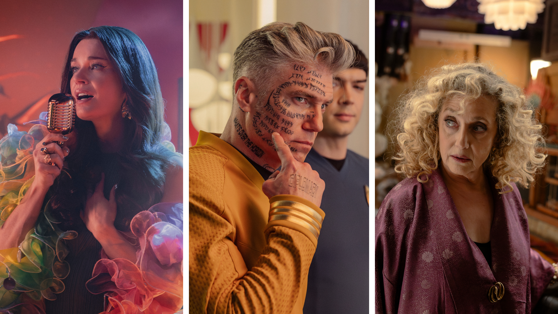 Split image showing Rebecca Romijn, Anson Mount, and Carol Kane in Star Trek: Strange New Worlds season 4.