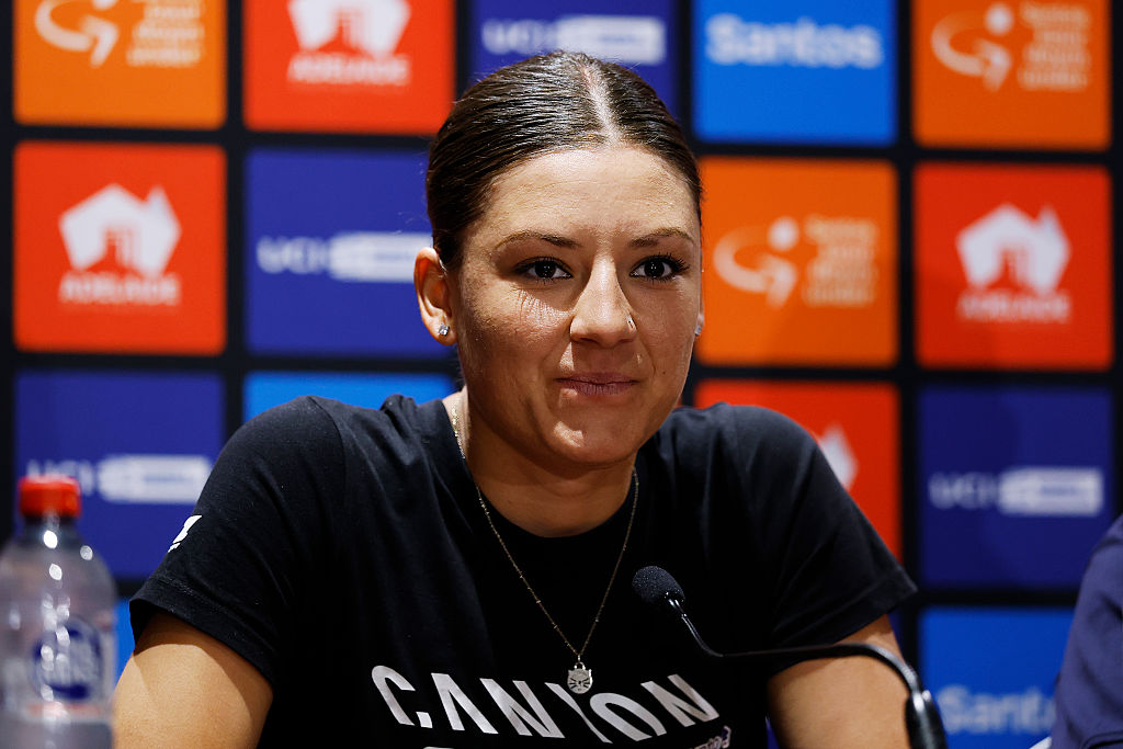 ADELAIDE, AUSTRALIA - JANUARY 16: Chloe Dygert of the United States and Team CANYON//SRAM Zondacrypto during the 26th Santos Tour Down Under 2026, Press Conference on January 16, 2026 in Adelaide, Australia. (Photo by Con Chronis/Getty Images)