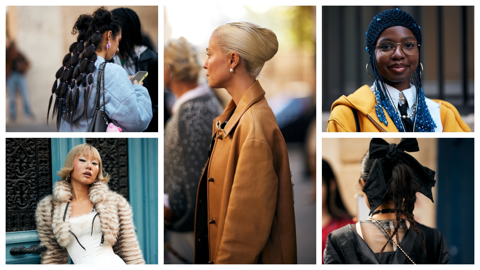 a grid of five women wearing glamorous outfits with chic hairstyles