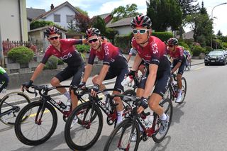 Team Ineos riders look happy before Geraint Thomas' crash on stage 4 at Tour de Suisse