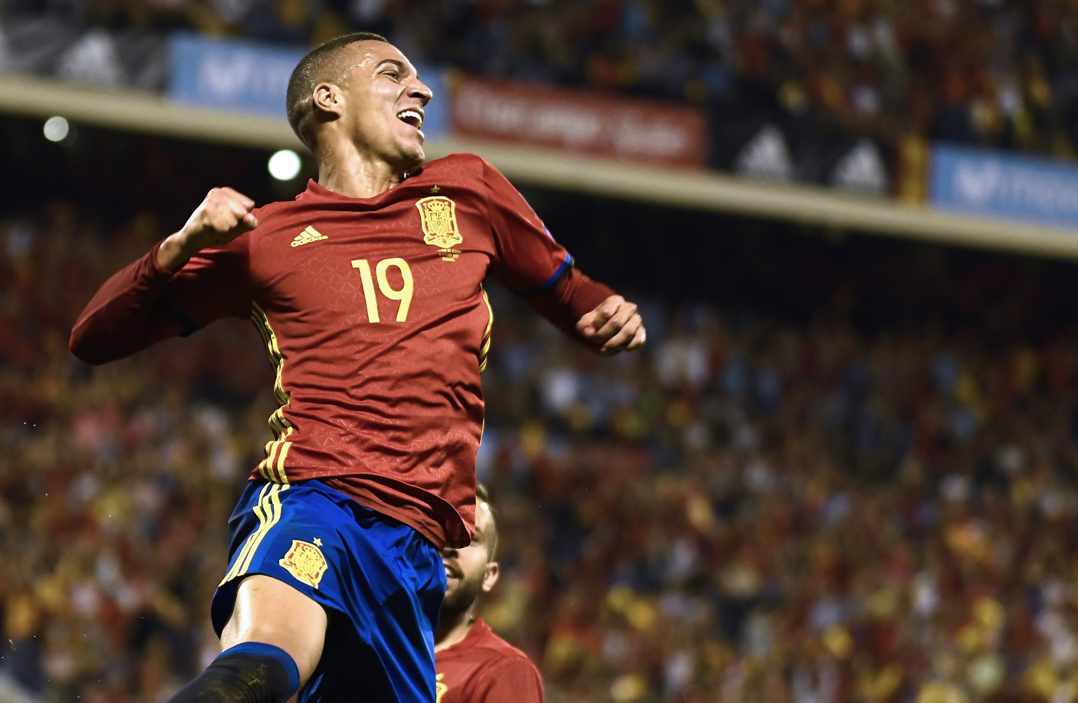 Rodrigo Moreno celebrates a goal for Spain against Albania in World Cup qualifying in October 2017.