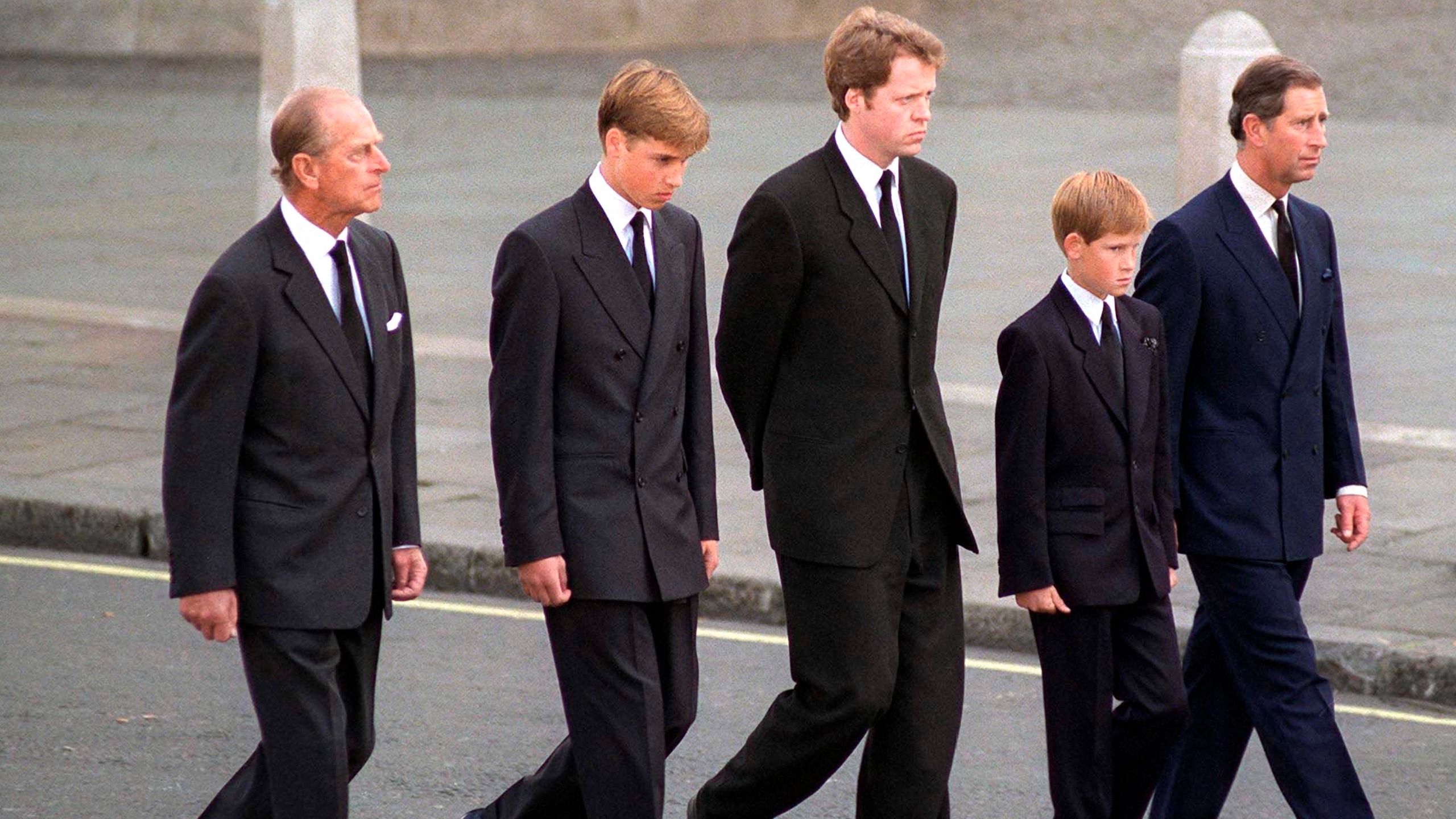 Prince Philip, Prince William, Earl Spencer, Prince Harry and King Charles walk behind the coffin of Princess Diana in 1997