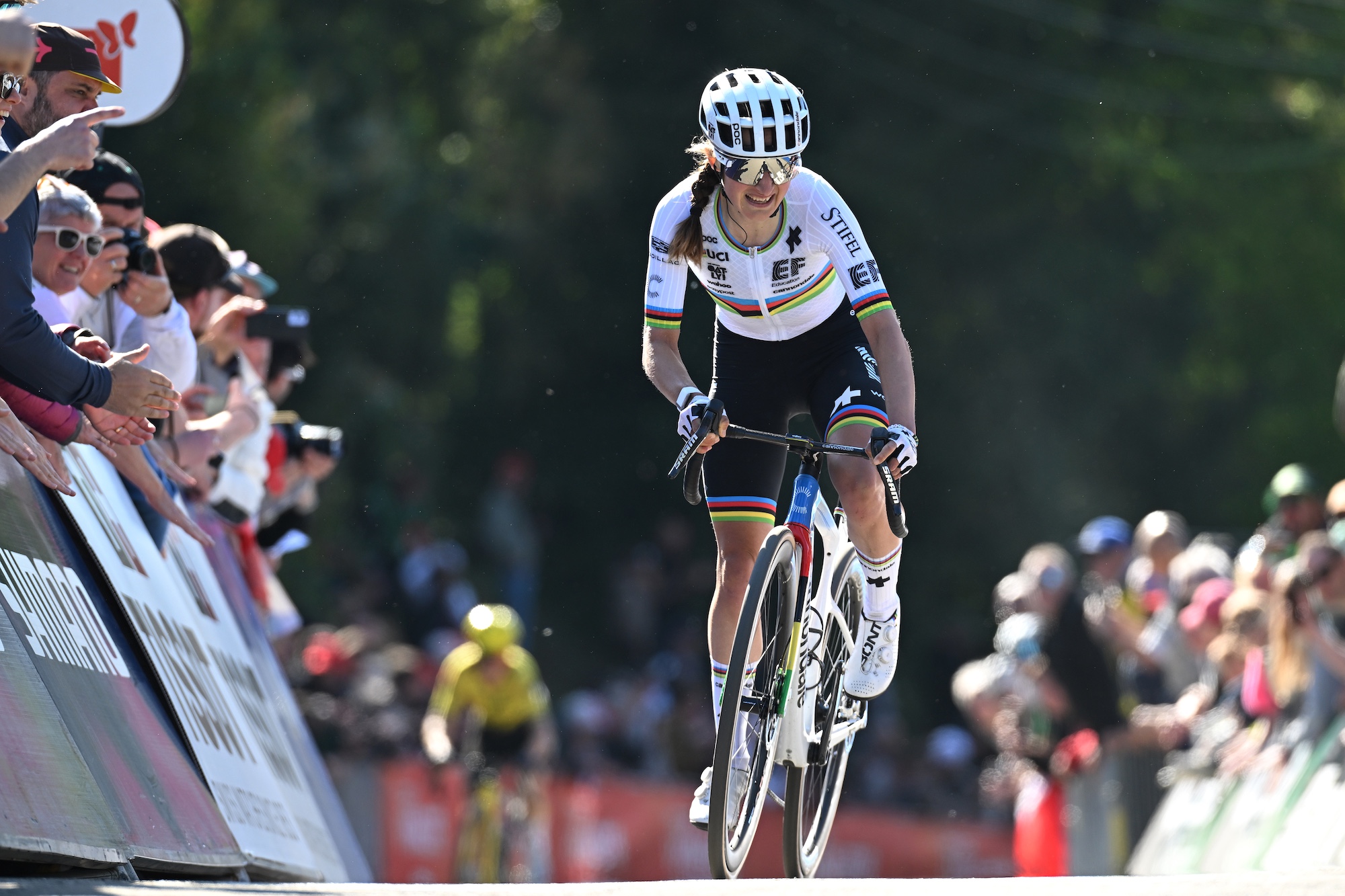MUR DE HUY, BELGIUM - APRIL 22: Magdeleine Vallieres of Canada and Team EF Education-Oatly crosses the finish line during the 29th La Fleche Wallonne Femenine 2026 a 148.2km one day race from Huy to Mur de Huy / #UCIWWT / on April 22, 2026 in Huy, Belgium. (Photo by Dario Belingheri/Getty Images)