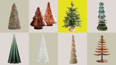 A two-by-four checkerboard background with eight images of different miniature Christmas tree products in each box. 