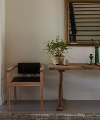 modern organic entryway with console table rug and mirror