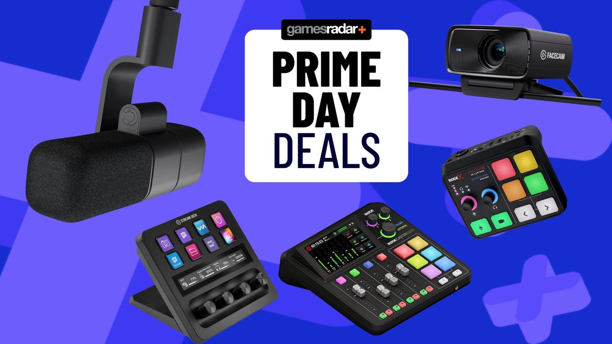 Prime Day deals stamp surrounded by various bits of streaming hardware, all sitting on a blue background