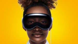 A woman wearing an Apple Vision Pro headset on an orange background