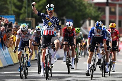MONTROND-LES-BAINS, FRANCE - JUNE 10: Quinn Simmons of United States and Team Lidl - Trek celebrates at finish line as stage winner ahead of (L-R) Matteo Vercher of France and Team TotalEnergies and Finn Fisher-Black of New Zealand and Team Red Bull - BORA - hansgrohe during the 78th Tour Auvergne-Rhone-Alpes 2026, Stage 4 a 167.4km stage from Le Puy-en-Velay to Montrond-les-Bains / #UCIWT / on June 10, 2026 in Montrond-les-Bains, France. (Photo by Dario Belingheri/Getty Images)